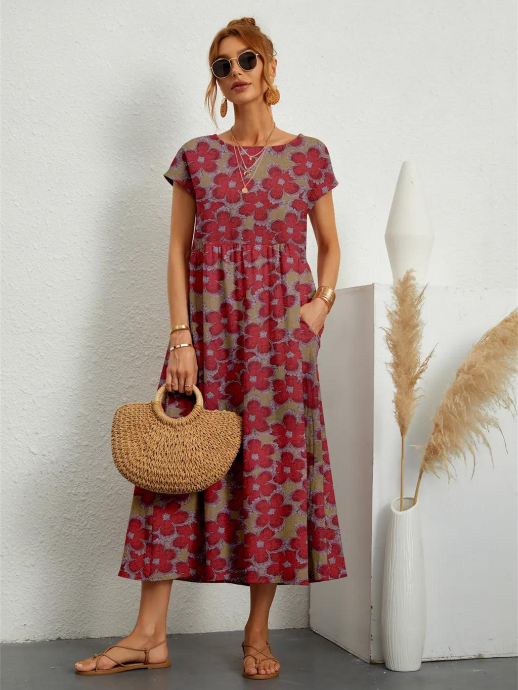 Vestido Estampado de Algodón y Lino para Mujeres