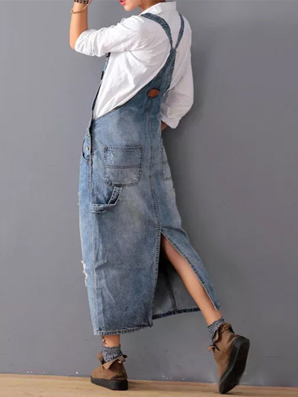 Vestido de Mezclilla con Tirantes y Detalles Desgastados para Mujer
