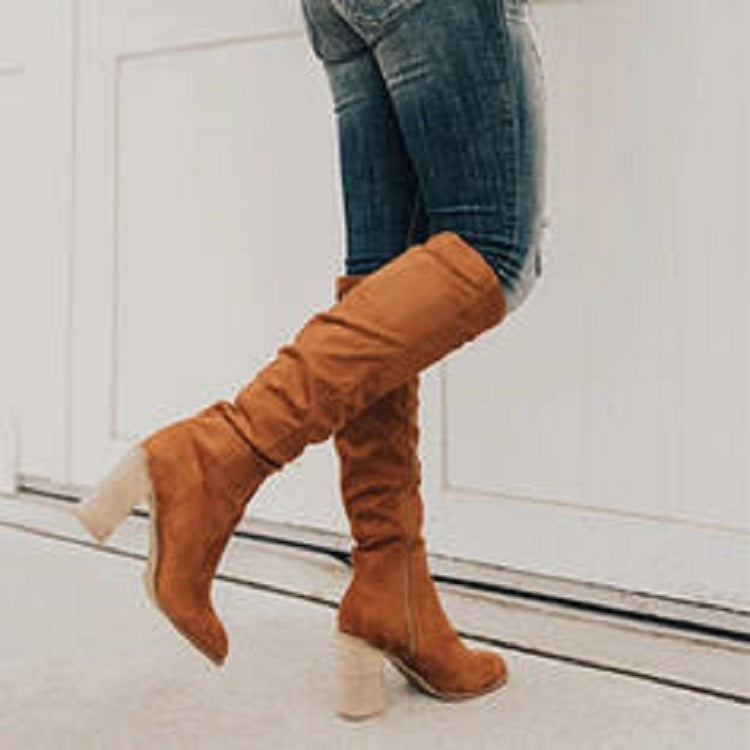Knee High Boots in Faux Suede with Block Heel for Women