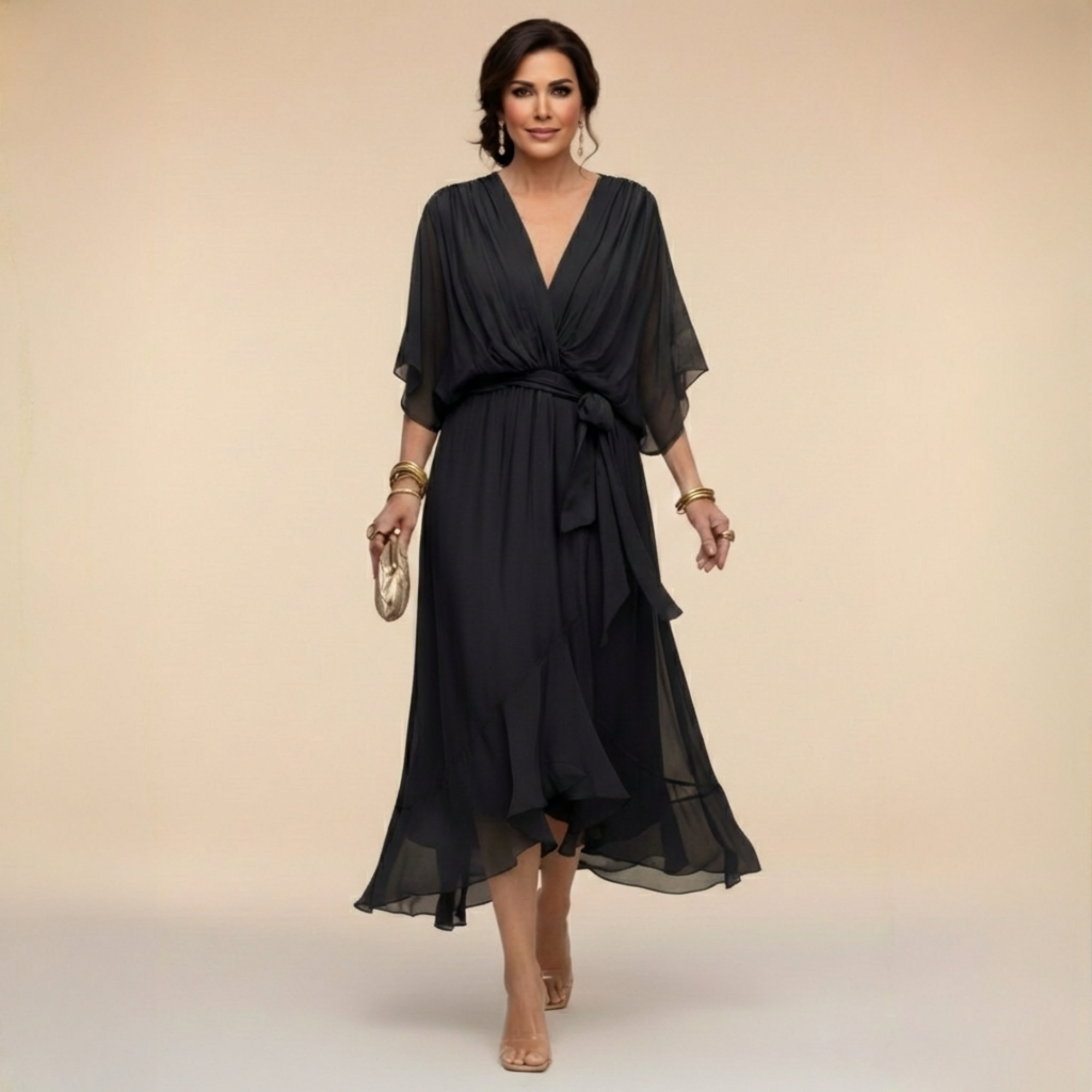 Vestido Largo con Lazo y Mangas Murciélago para Mujer