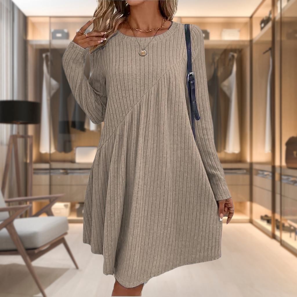 Vestido Midi Asimétrico de Punto Canalé con Corte Evasé para Mujer