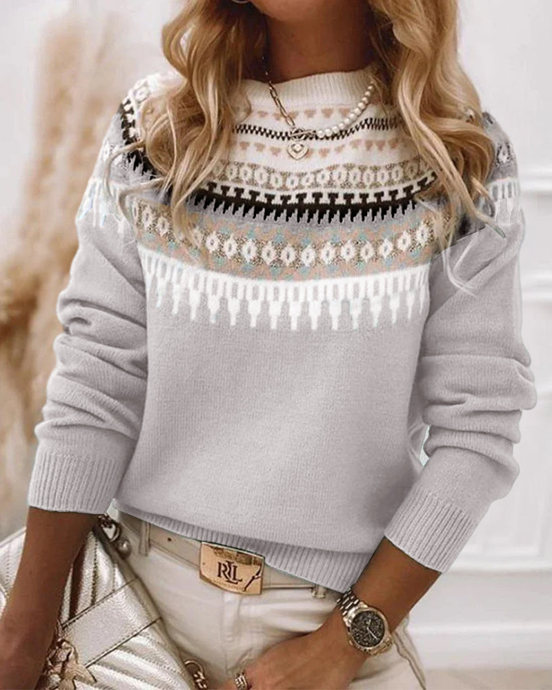 Fair Isle Crew Neck Pullover Sweater with Long Sleeves for Women