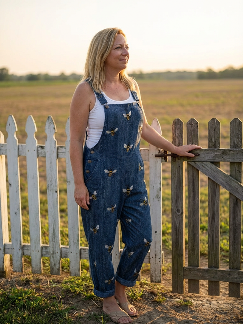 Denim Overalls with Bee Print for Women