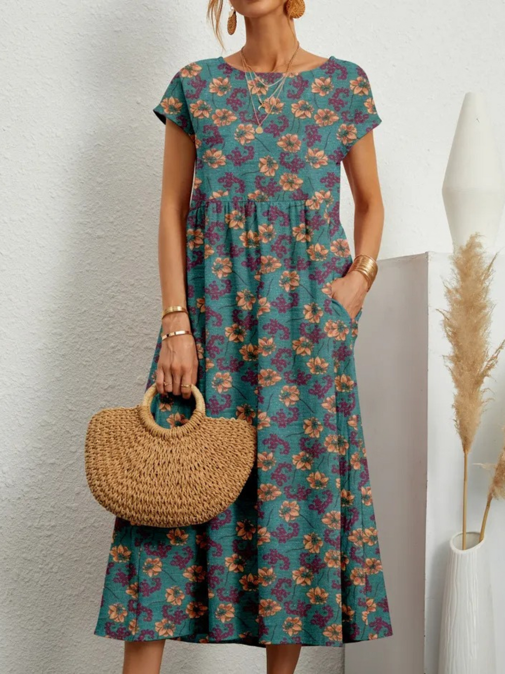 Vestido Estampado de Algodón y Lino para Mujeres