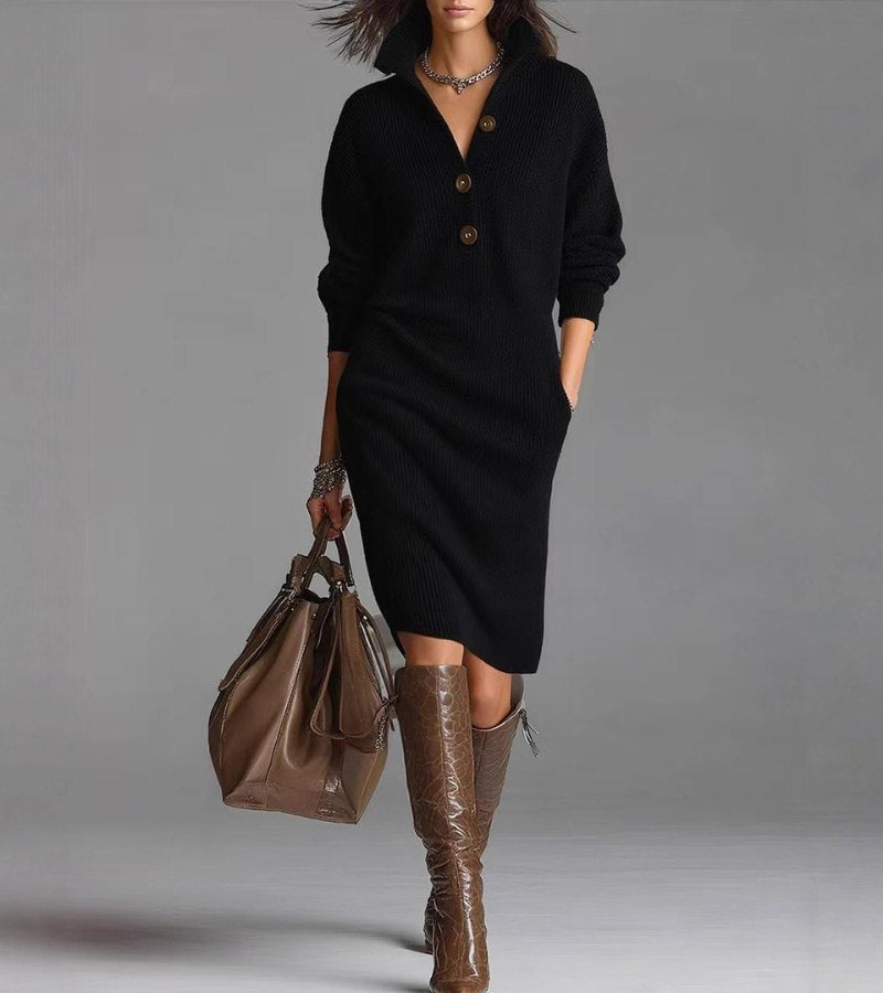 Vestido de Punto Canalé Manga Larga Midi con Cuello de Botones para Mujer