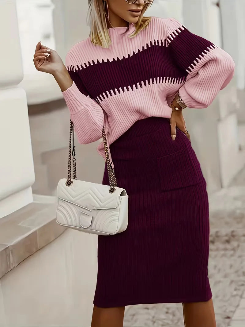 Falda Midi de Cintura Alta y Suéter Oversized de Punto Acanalado para Mujer