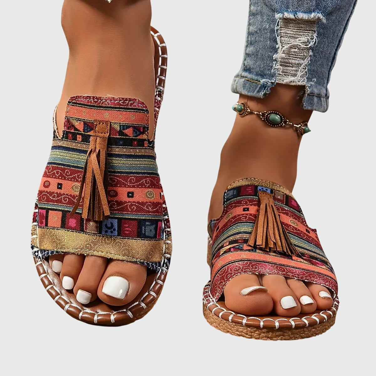 Sandalias casuales con tacón bajo y flecos para mujer