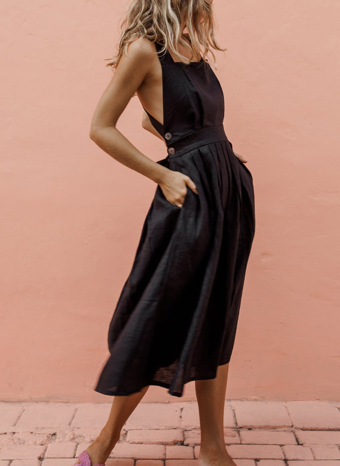 Midi Dress with Back Strap Button Detail for Women