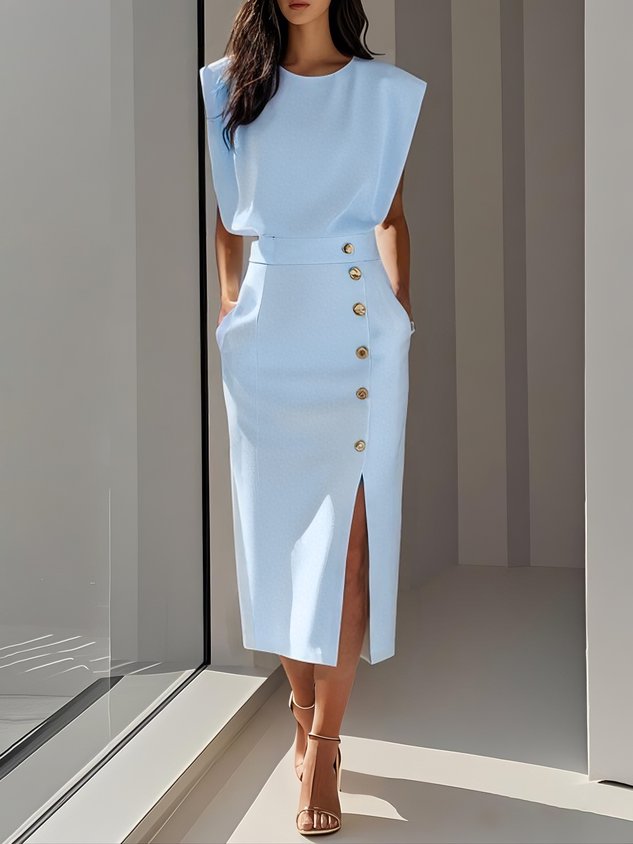 Vestido Midi con Cuello Redondo y Botones para Mujer | Ideal para el Verano