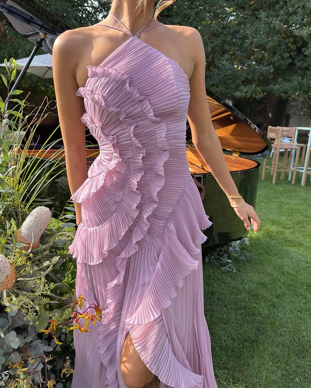 Vestido Maxi de Gasa con Volantes y Escote Halter para Mujer