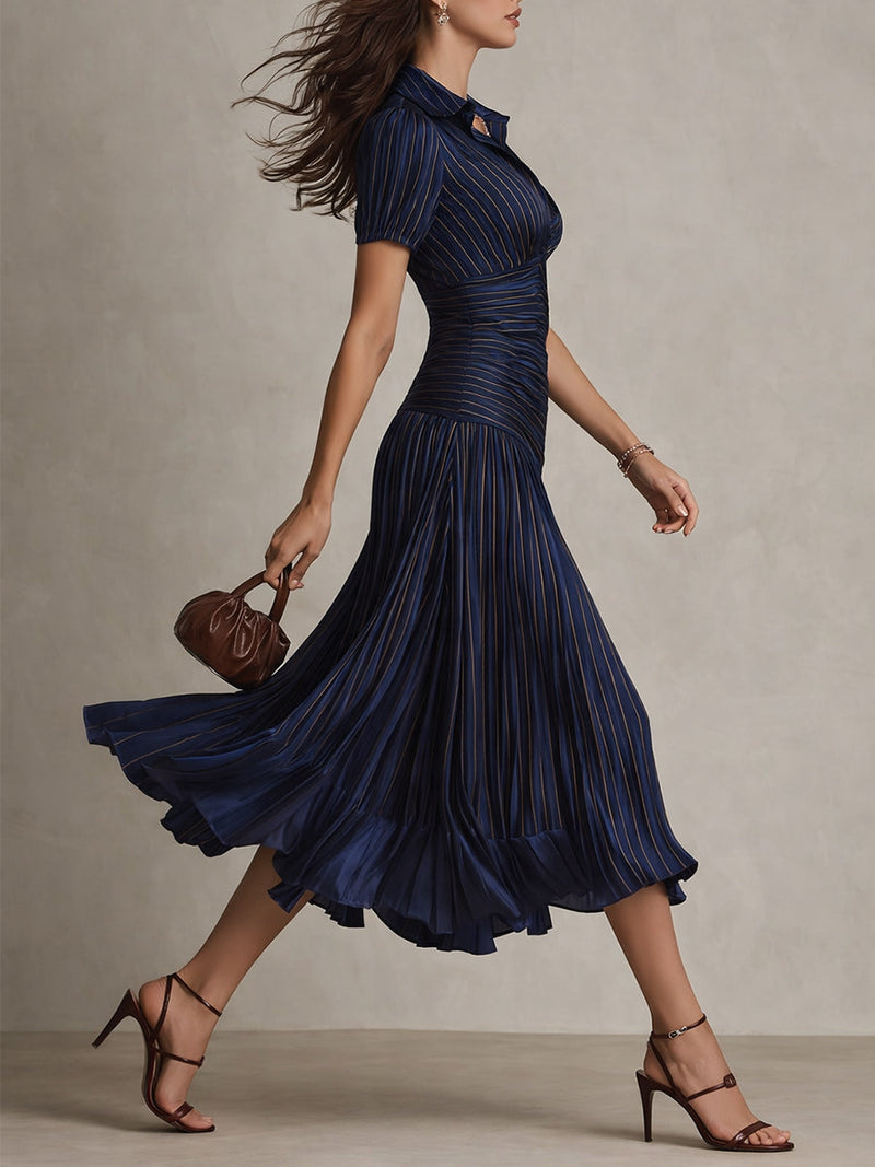 Vestido Midi Plisado a Rayas de Satén con Cuello en V para Mujer