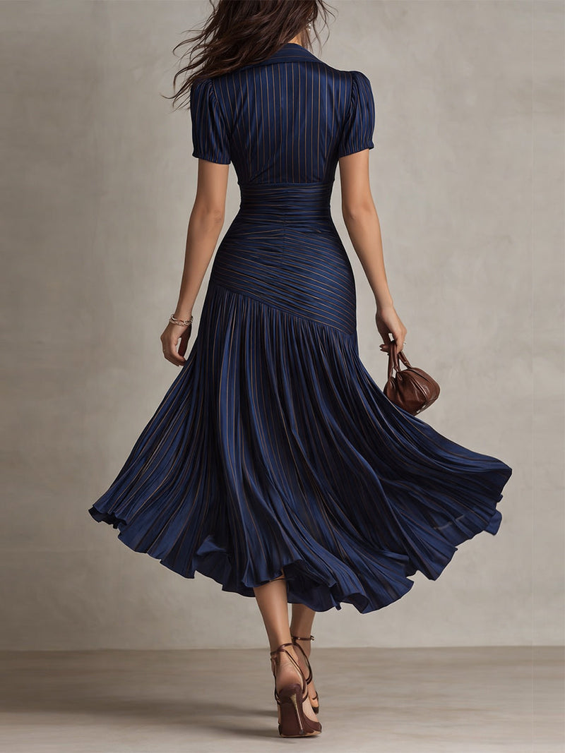 Vestido Midi Plisado a Rayas de Satén con Cuello en V para Mujer