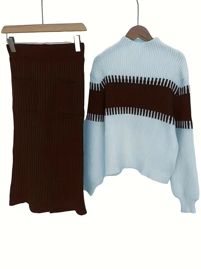 Falda Midi de Cintura Alta y Suéter Oversized de Punto Acanalado para Mujer