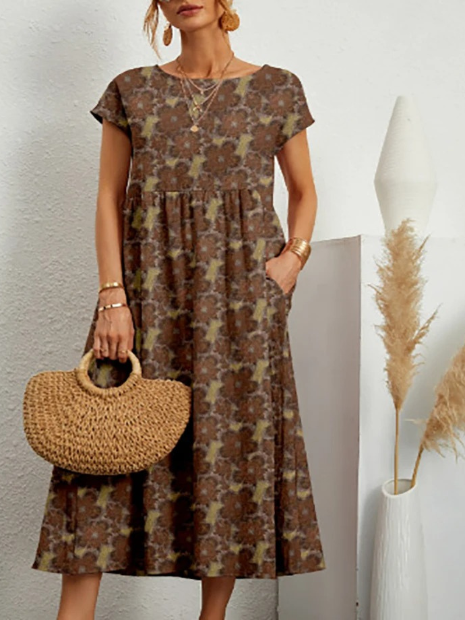 Vestido Estampado de Algodón y Lino para Mujeres