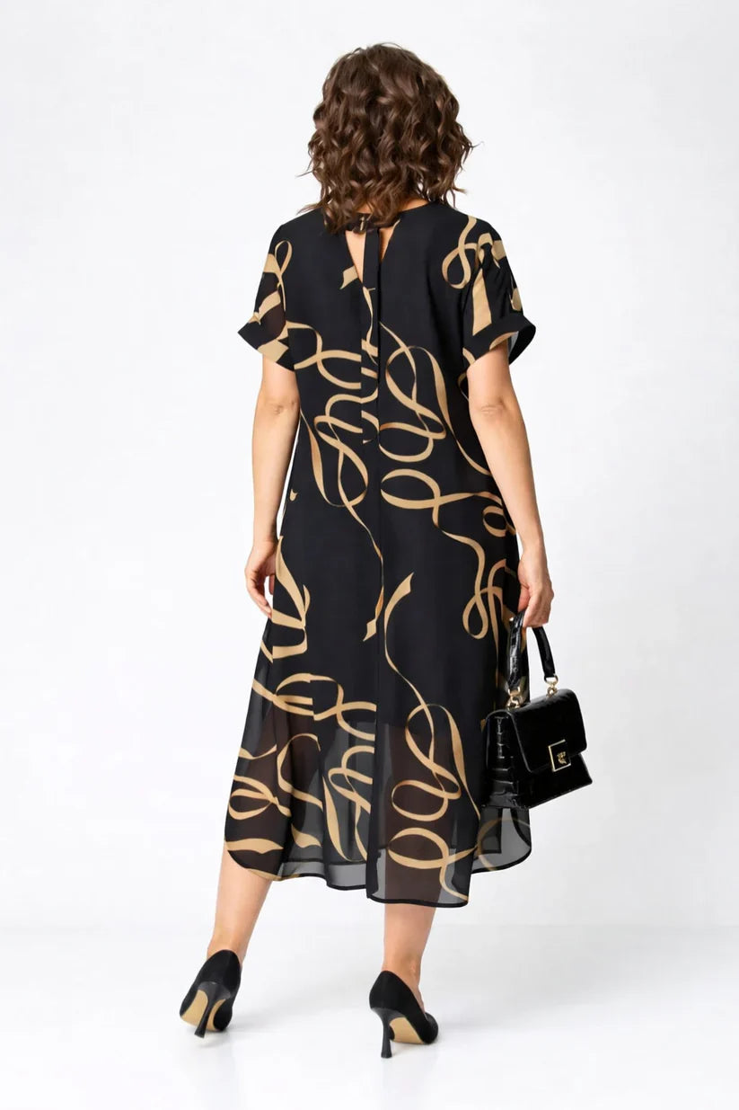 Vestido Midi con Estampado Abstracto y Cuello en V para Mujer