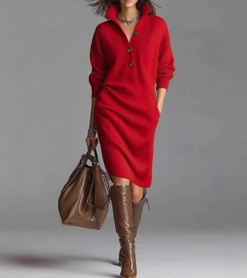 Vestido de Punto Canalé Manga Larga Midi con Cuello de Botones para Mujer