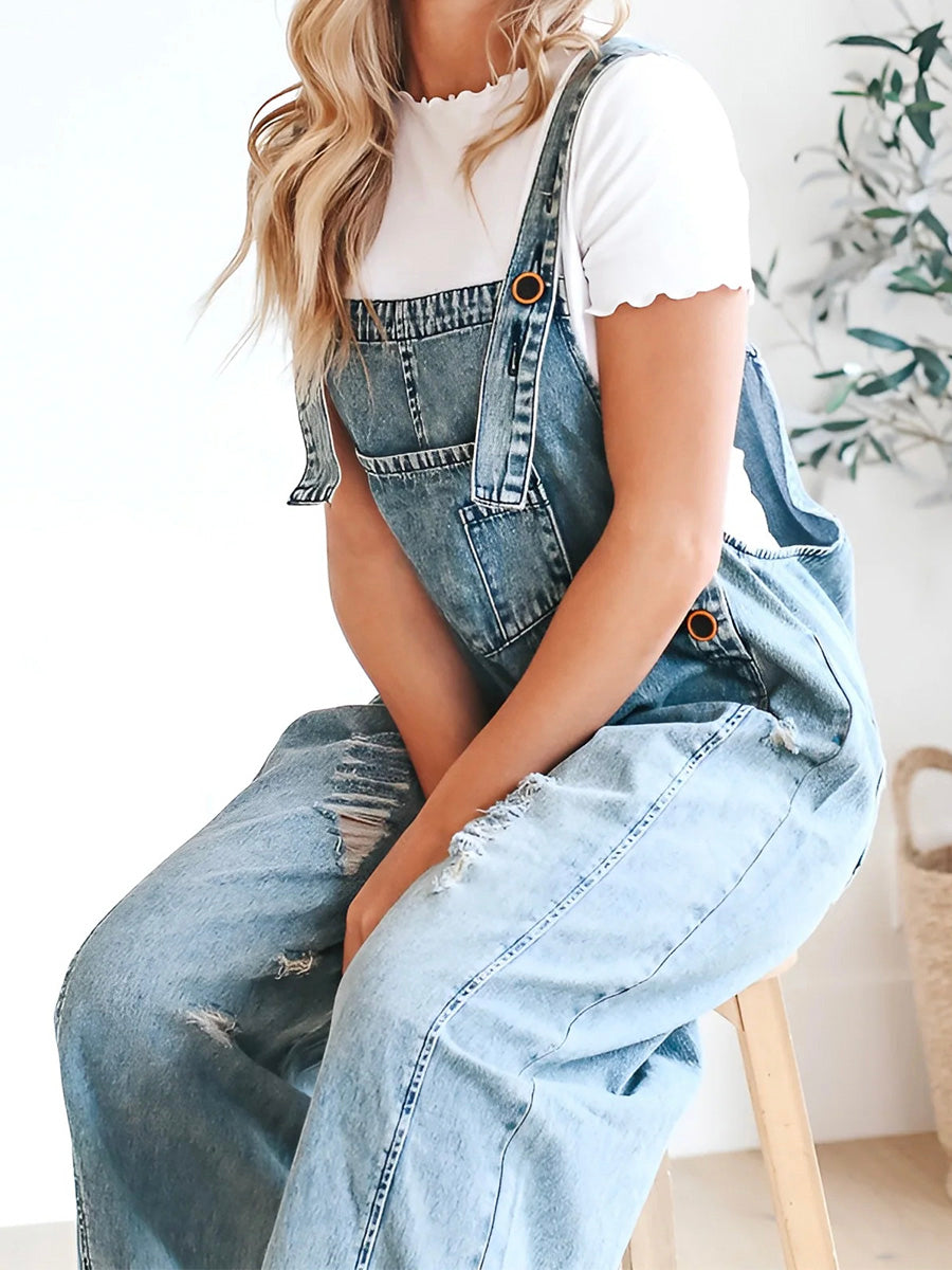 Vintage Wide Leg Denim Overalls for Women