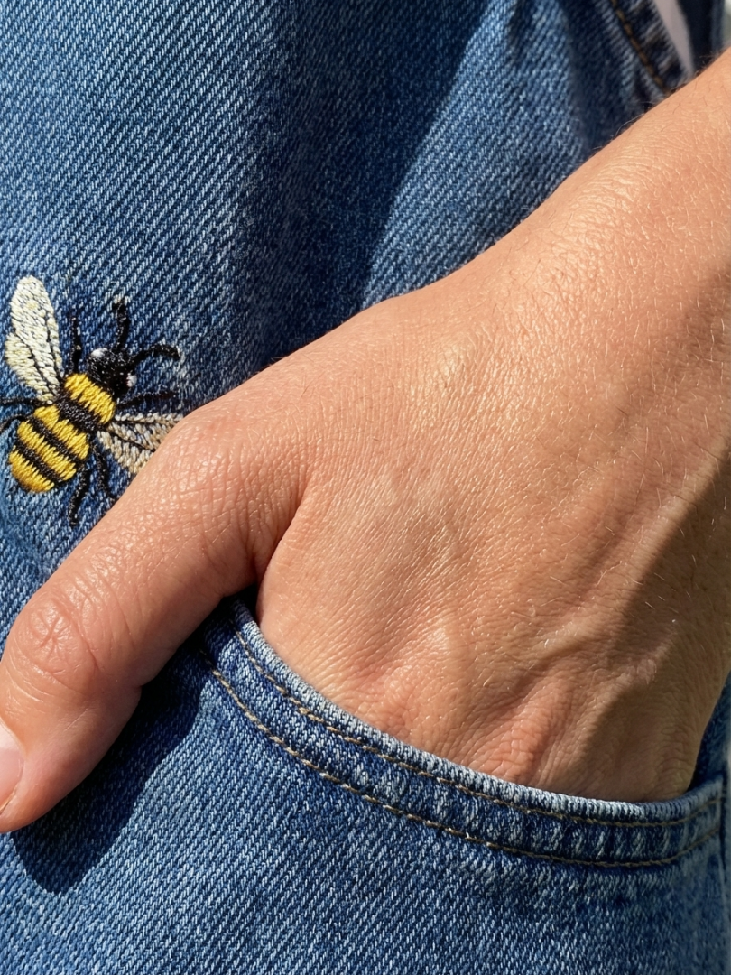 Denim Overalls with Bee Print for Women