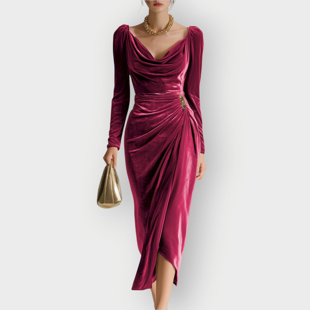 Velvet Midi Wrap Dress with Ruched Waist for Women
