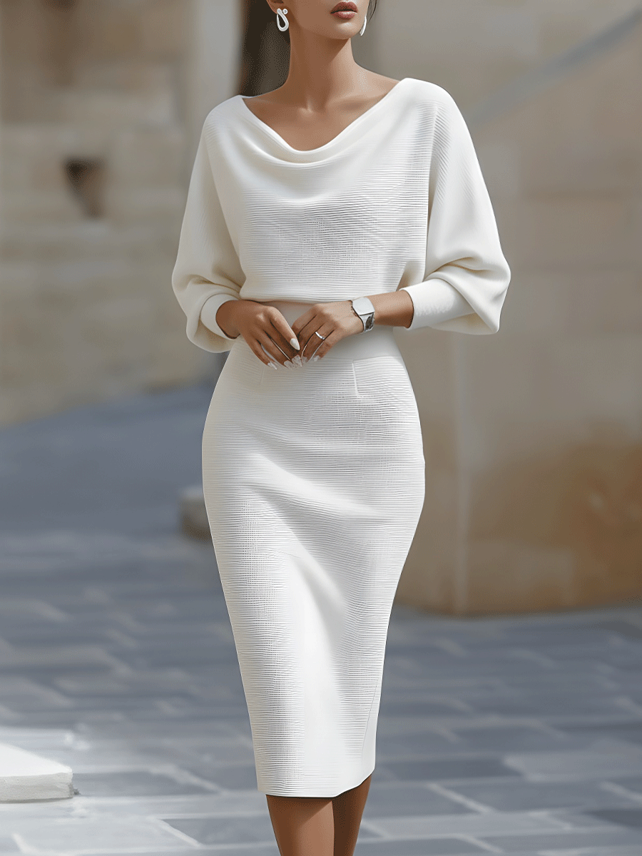 Vestido Midi de Suéter de Punto Acanalado con Mangas Murciélago para Mujer
