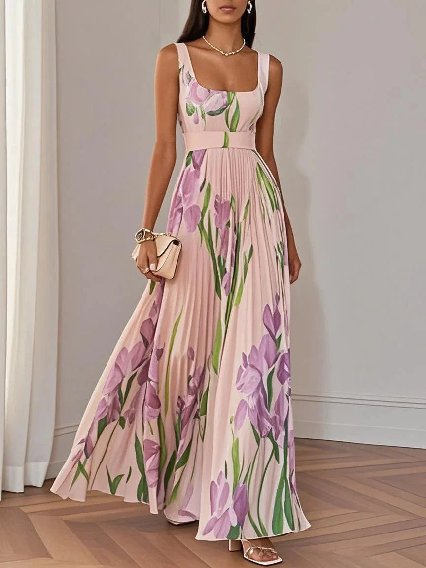 Vestido Maxi Plisado con Escote Cuadrado para Mujer | Ideal para el Verano