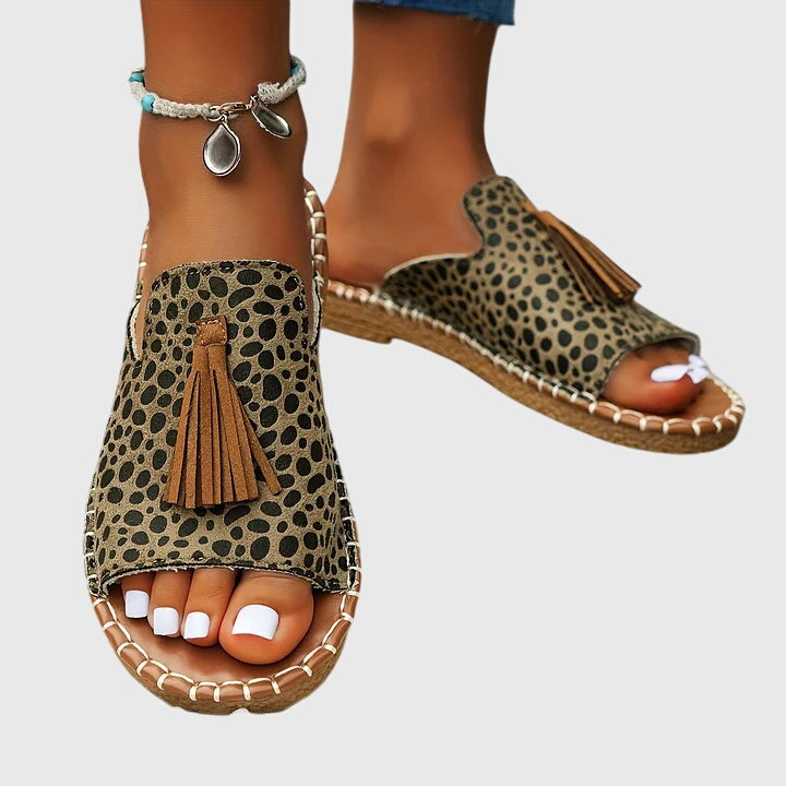 Sandalias casuales con tacón bajo y flecos para mujer