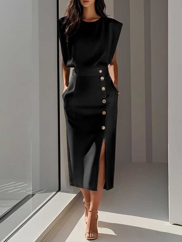 Vestido Midi con Cuello Redondo y Botones para Mujer | Ideal para el Verano