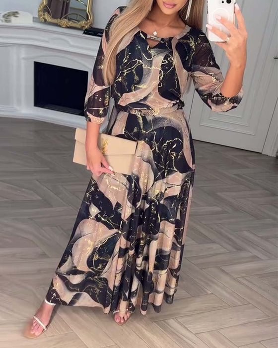 Vestido Largo con Estampado 3D y Mangas de Farol para Mujer