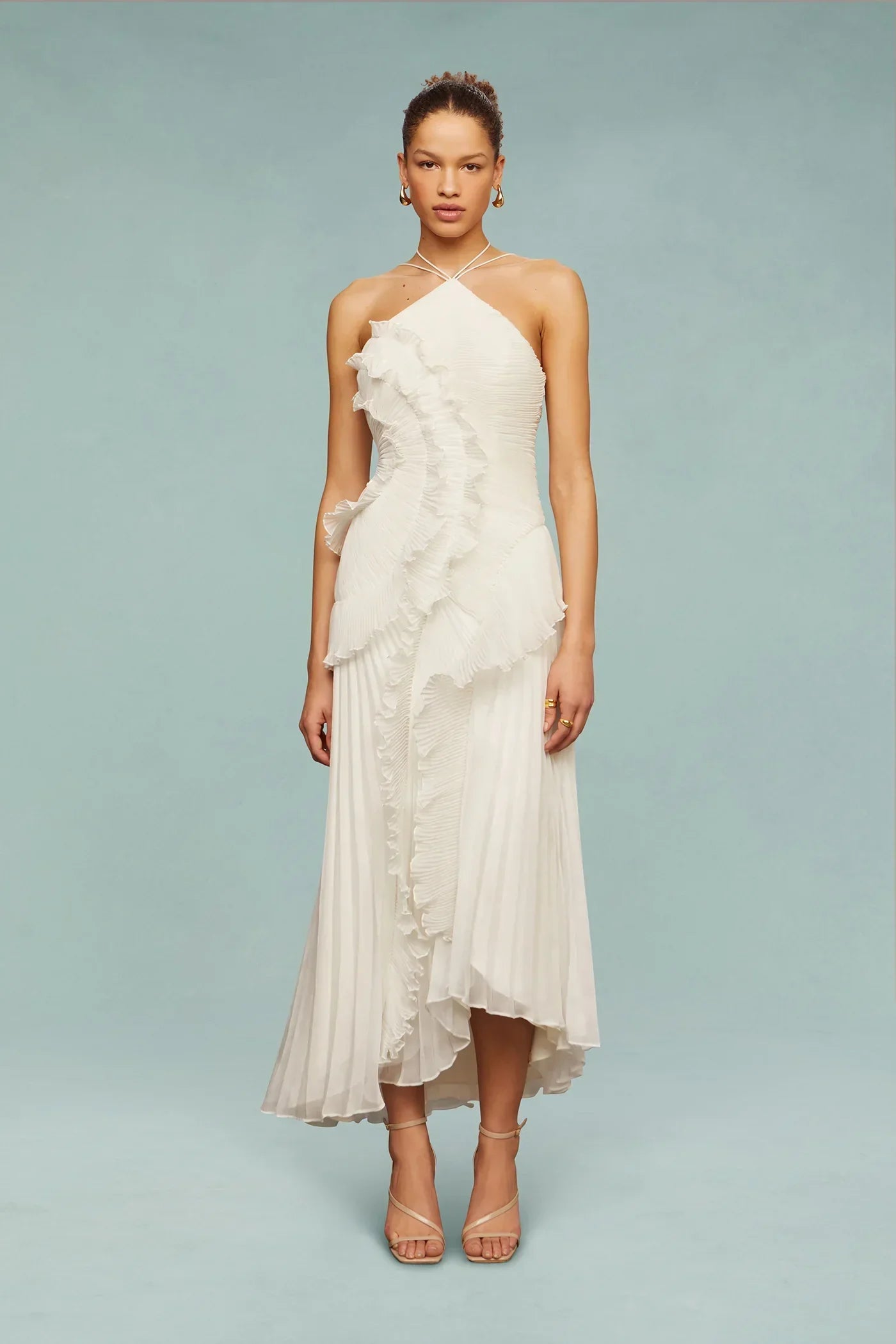 Vestido Maxi de Gasa con Volantes y Escote Halter para Mujer