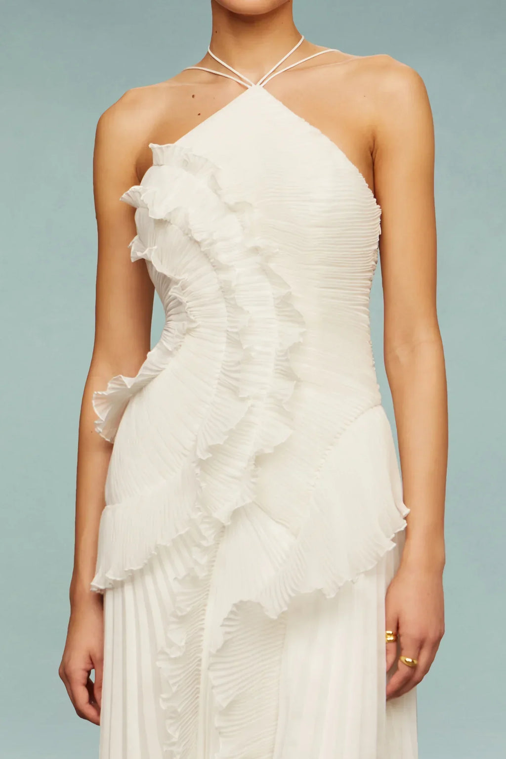 Vestido Maxi de Gasa con Volantes y Escote Halter para Mujer