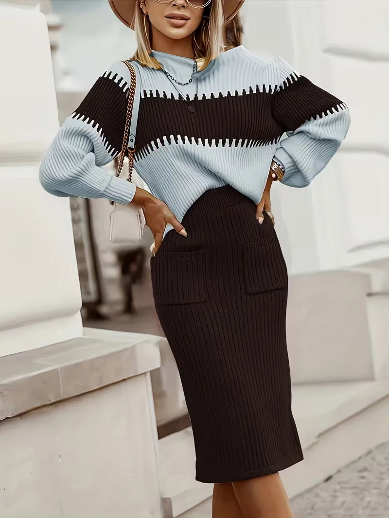 Falda Midi de Cintura Alta y Suéter Oversized de Punto Acanalado para Mujer