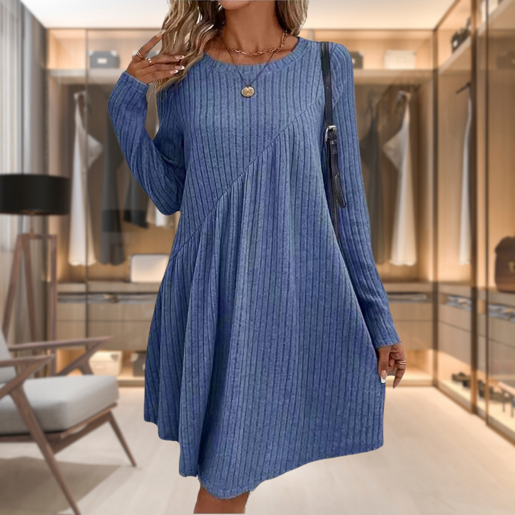 Vestido Midi Asimétrico de Punto Canalé con Corte Evasé para Mujer