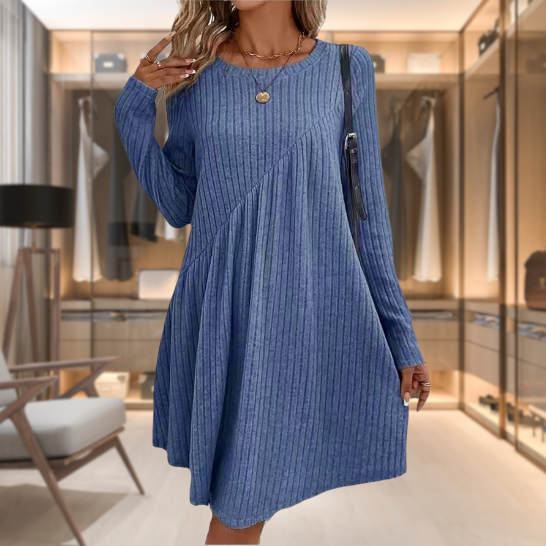 Vestido Midi Asimétrico de Punto Canalé con Corte Evasé para Mujer