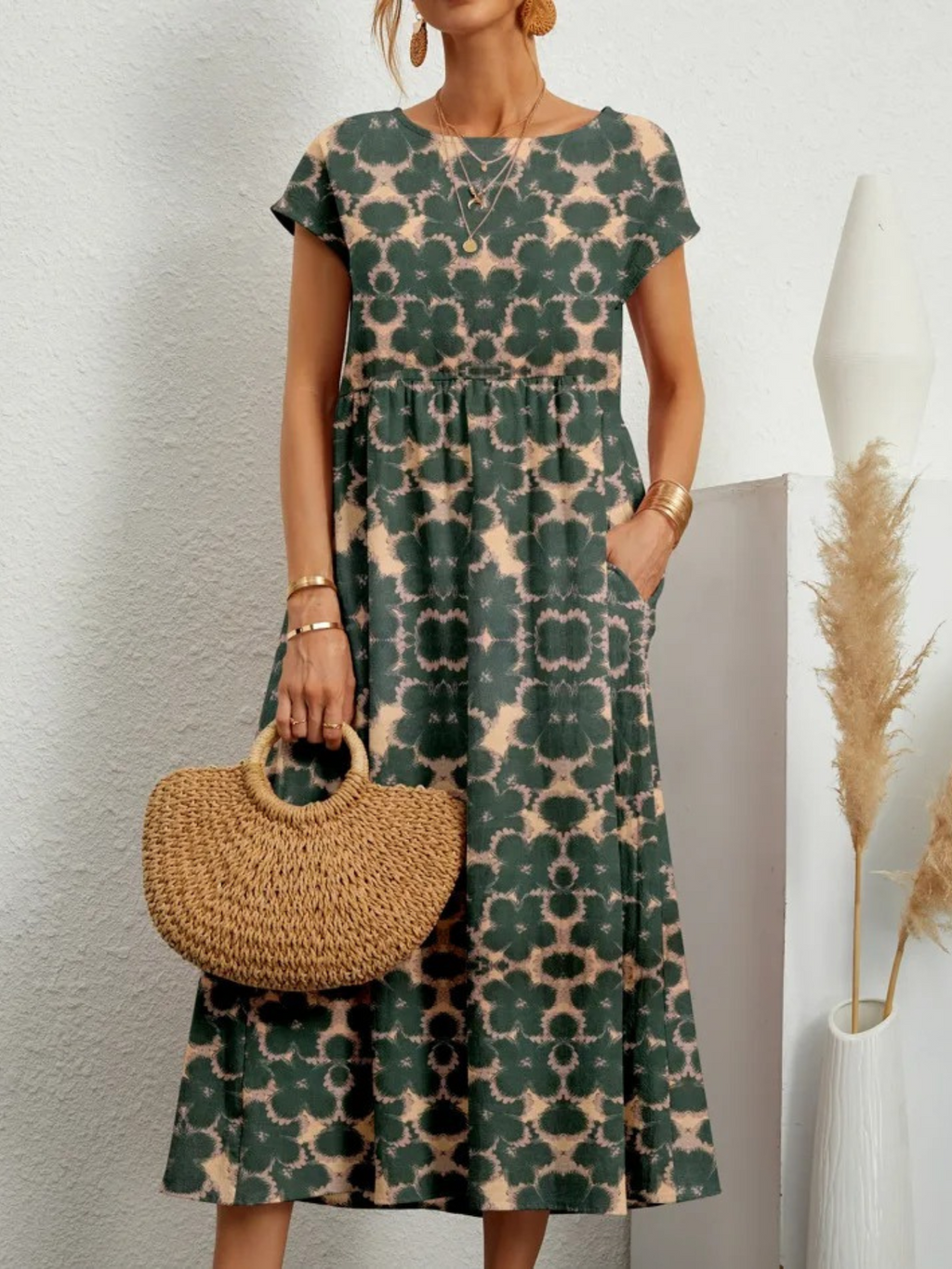 Vestido Estampado de Algodón y Lino para Mujeres