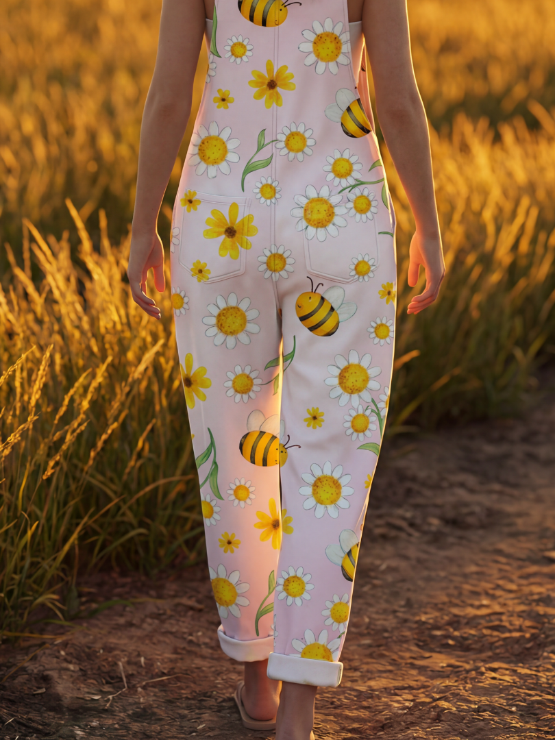 Floral Bee Print Overalls for Women