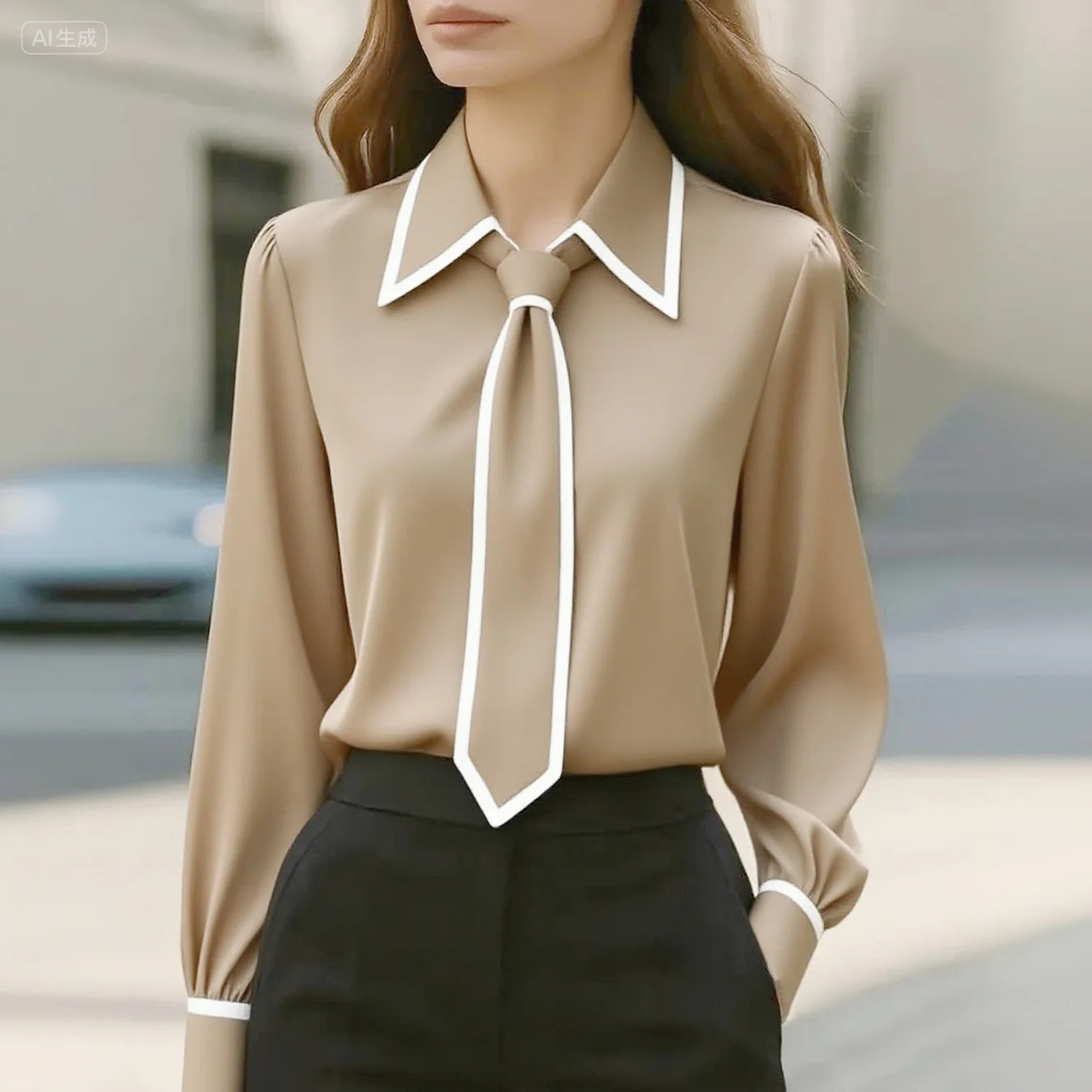 Contrast V-Neck Blouse for Women