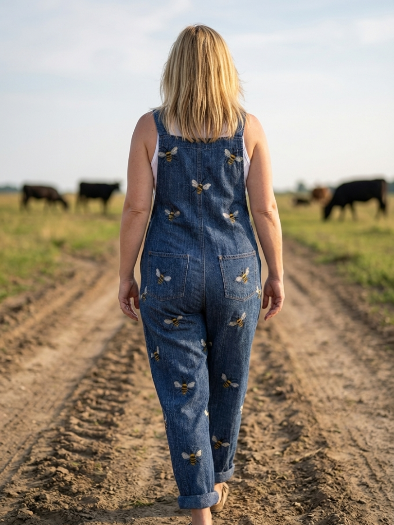 Denim Overalls with Bee Print for Women