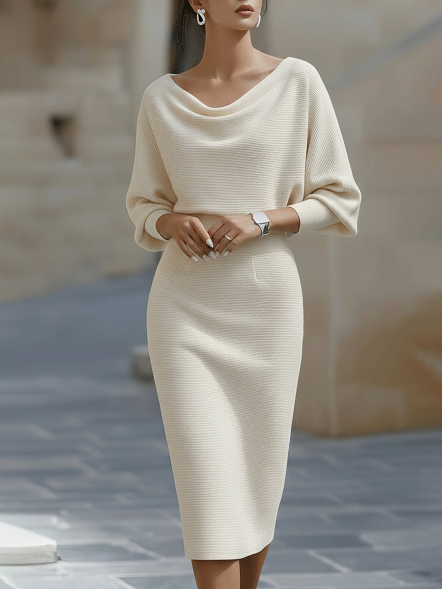 Vestido Midi de Suéter de Punto Acanalado con Mangas Murciélago para Mujer