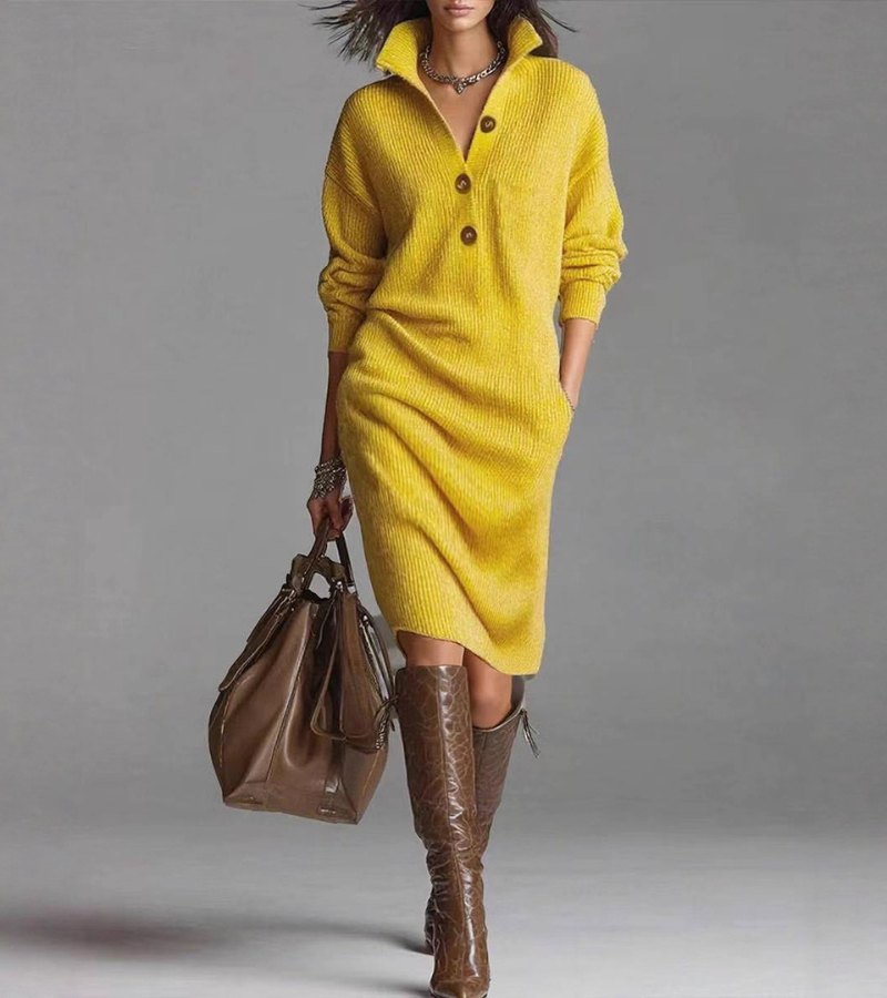 Vestido de Punto Canalé Manga Larga Midi con Cuello de Botones para Mujer