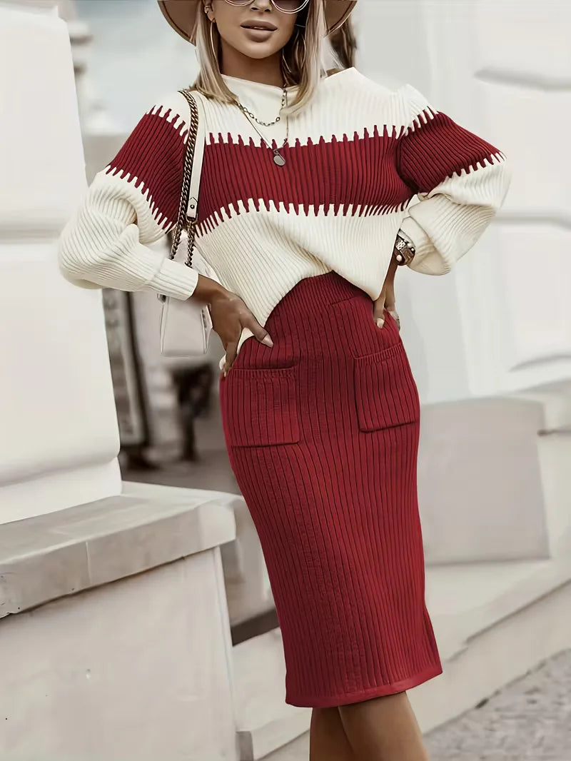 Falda Midi de Cintura Alta y Suéter Oversized de Punto Acanalado para Mujer