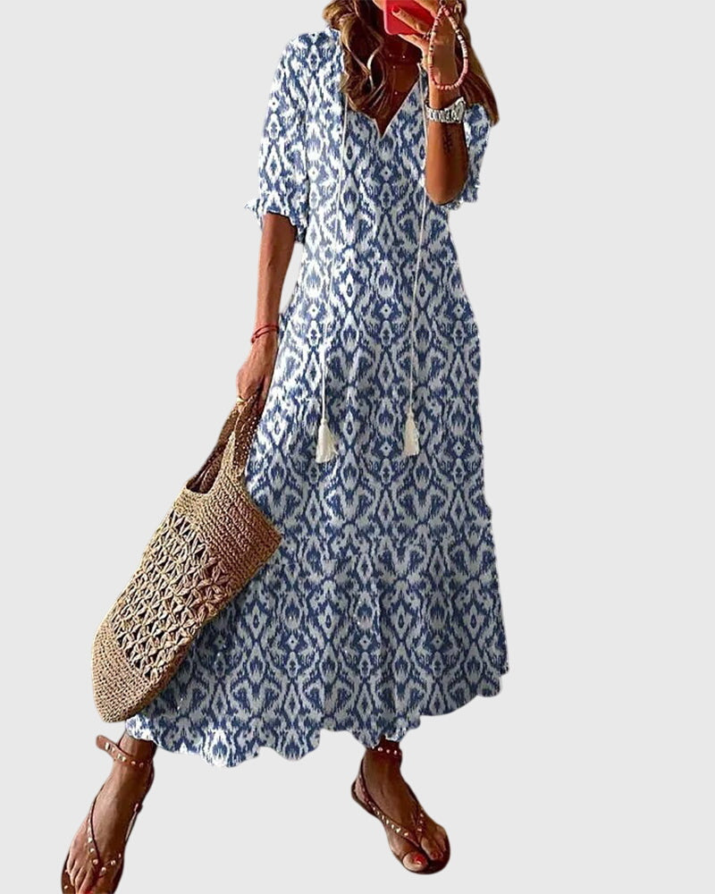 Vestido Largo Estampado V-Cuello para Mujer