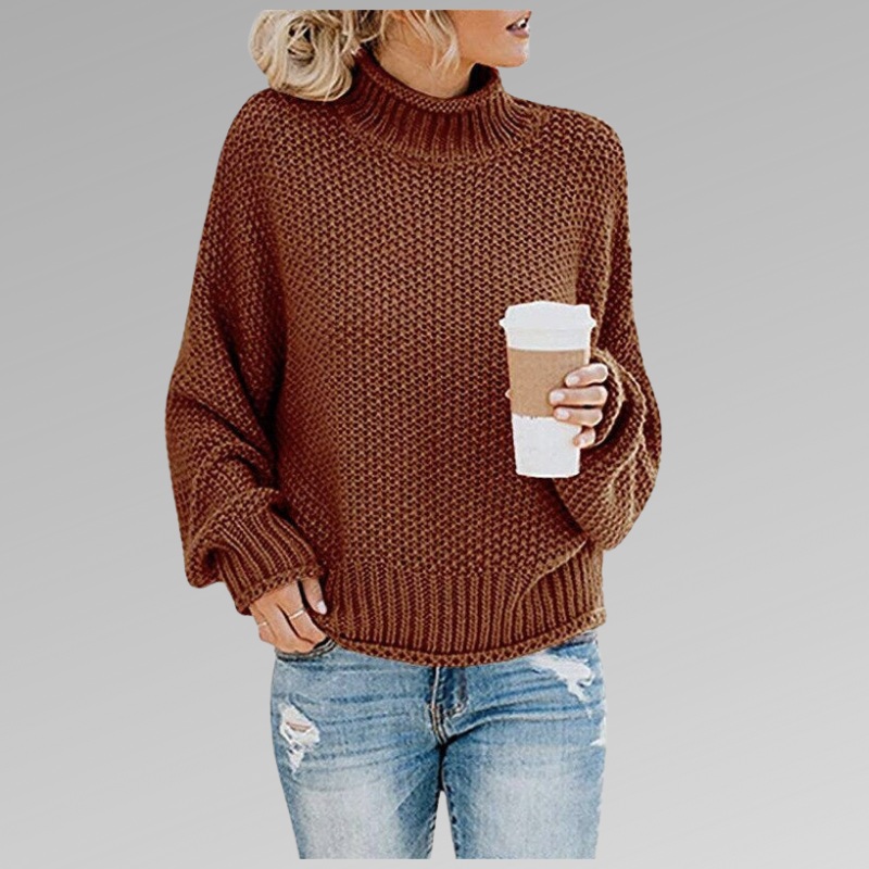 Oversized Waffle Knit Mock Neck Sweater with Batwing Sleeves for Women