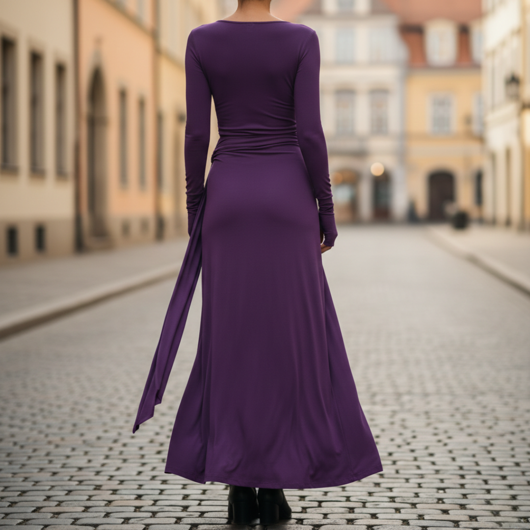 Vestido Maxi Fluido de Manga Larga con Cintura Ajustable para Mujer