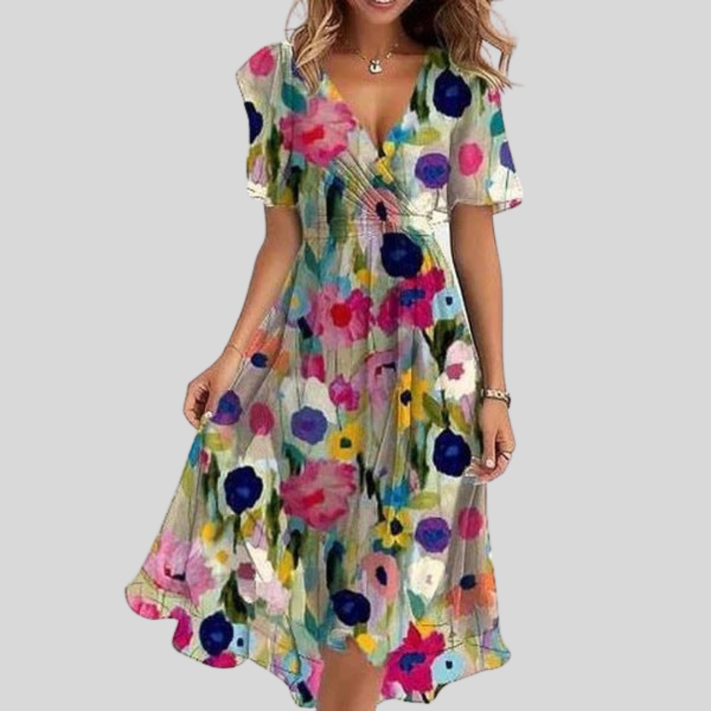 Vestido Estampado Floral con Escote en V para Mujer