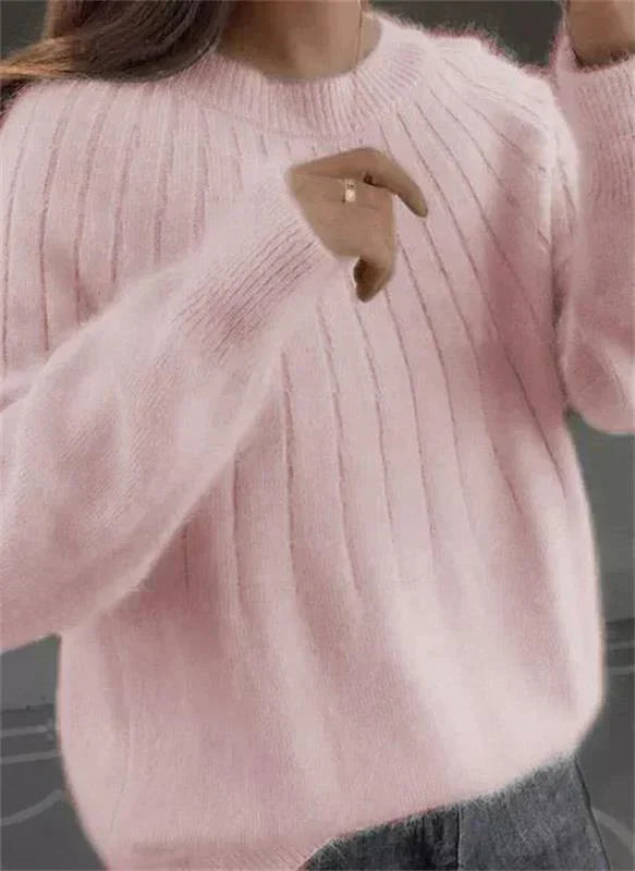 Long Sleeve Relaxed Fit Ribbed Knit Crew Neck Sweater for Women
