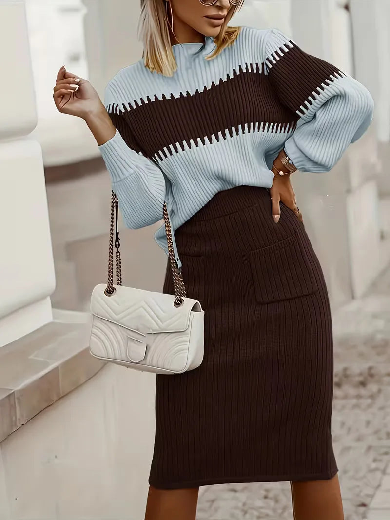 Falda Midi de Cintura Alta y Suéter Oversized de Punto Acanalado para Mujer