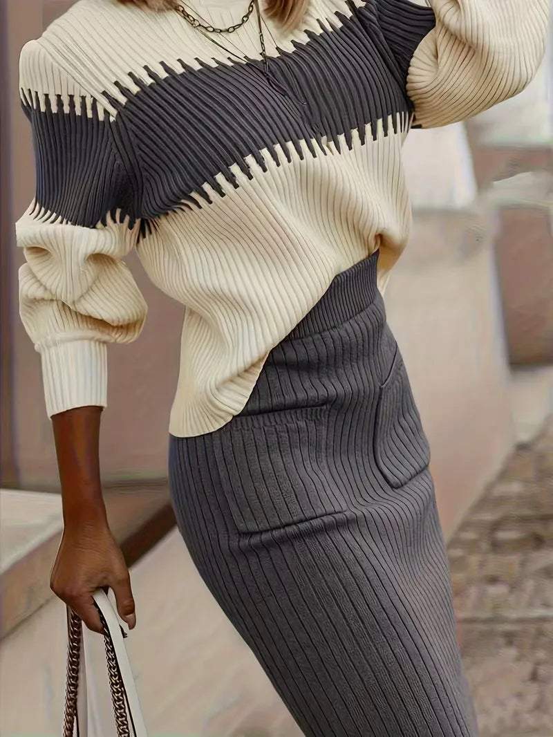 Falda Midi de Cintura Alta y Suéter Oversized de Punto Acanalado para Mujer