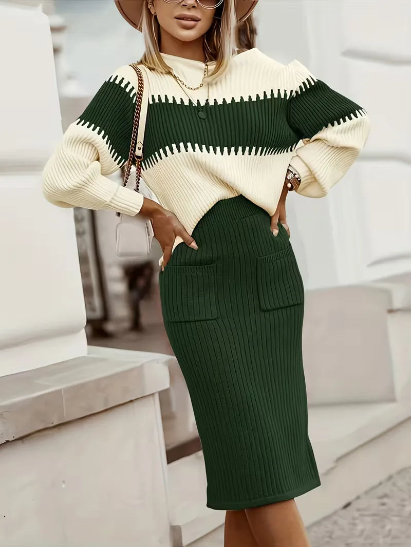 Falda Midi de Cintura Alta y Suéter Oversized de Punto Acanalado para Mujer