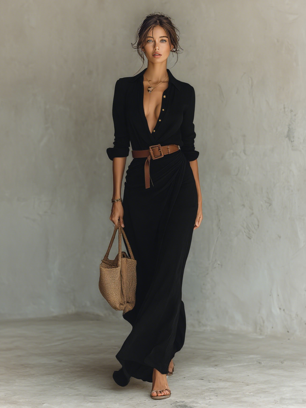 Vestido Maxi con Cinturón y Cuello en V para Mujer