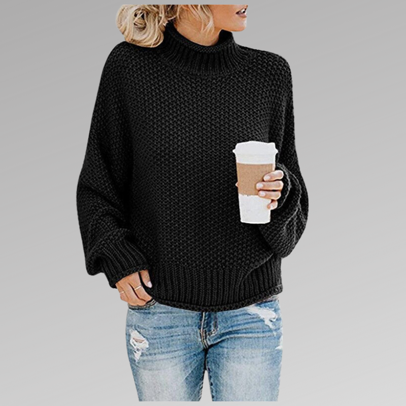 Oversized Waffle Knit Mock Neck Sweater with Batwing Sleeves for Women